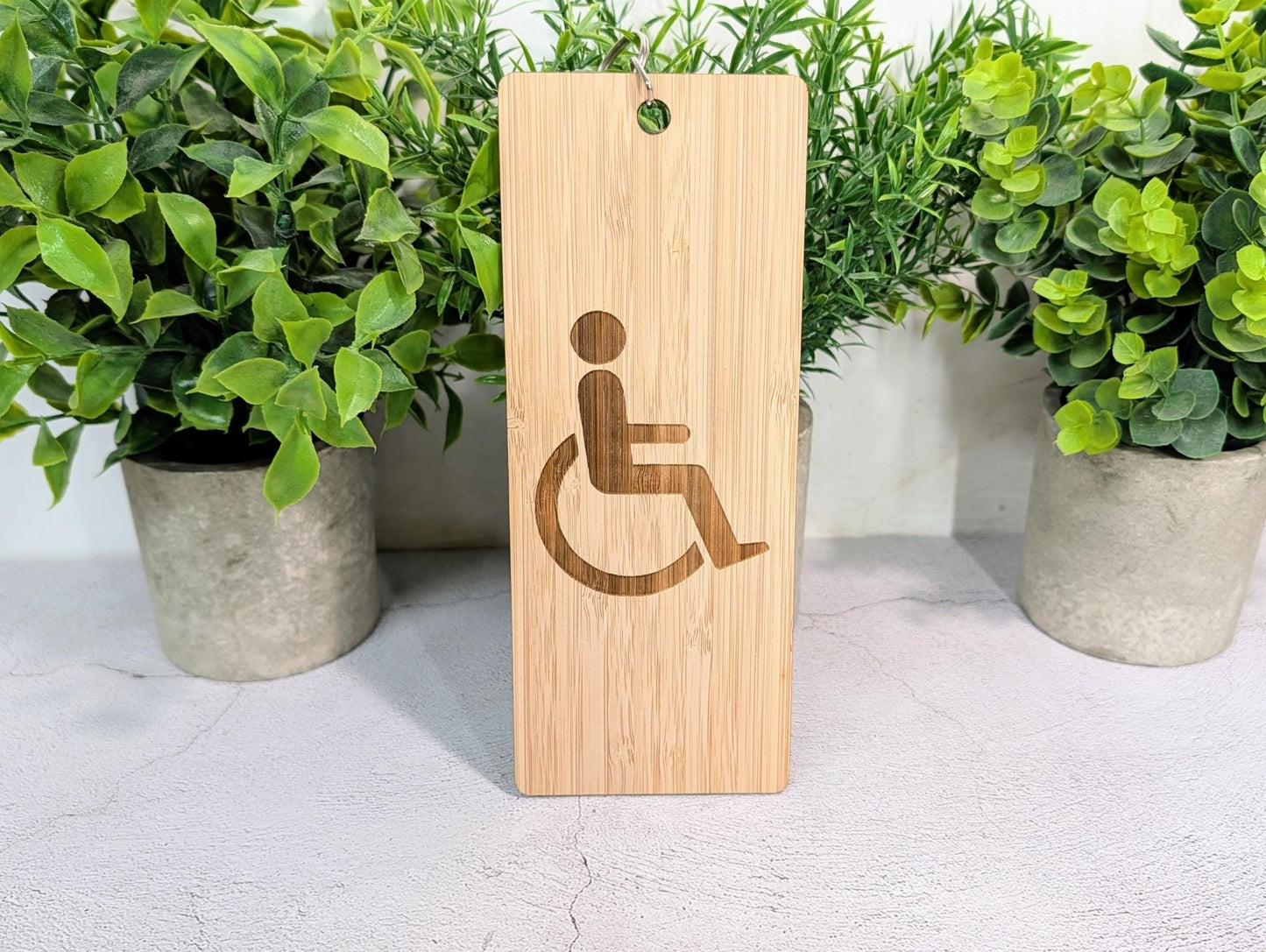 Accessible Bathroom Keyring – Large Bamboo Key Tag, Engraved Wheelchair Symbol, Eco - Friendly Design, Durable and Lightweight, Handmade - CherryGroveCraft