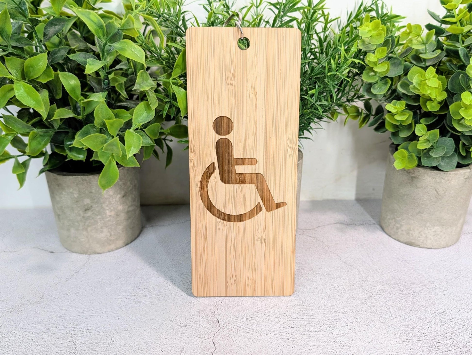 Accessible Bathroom Keyring – Large Bamboo Key Tag, Engraved Wheelchair Symbol, Eco - Friendly Design, Durable and Lightweight, Handmade - CherryGroveCraft