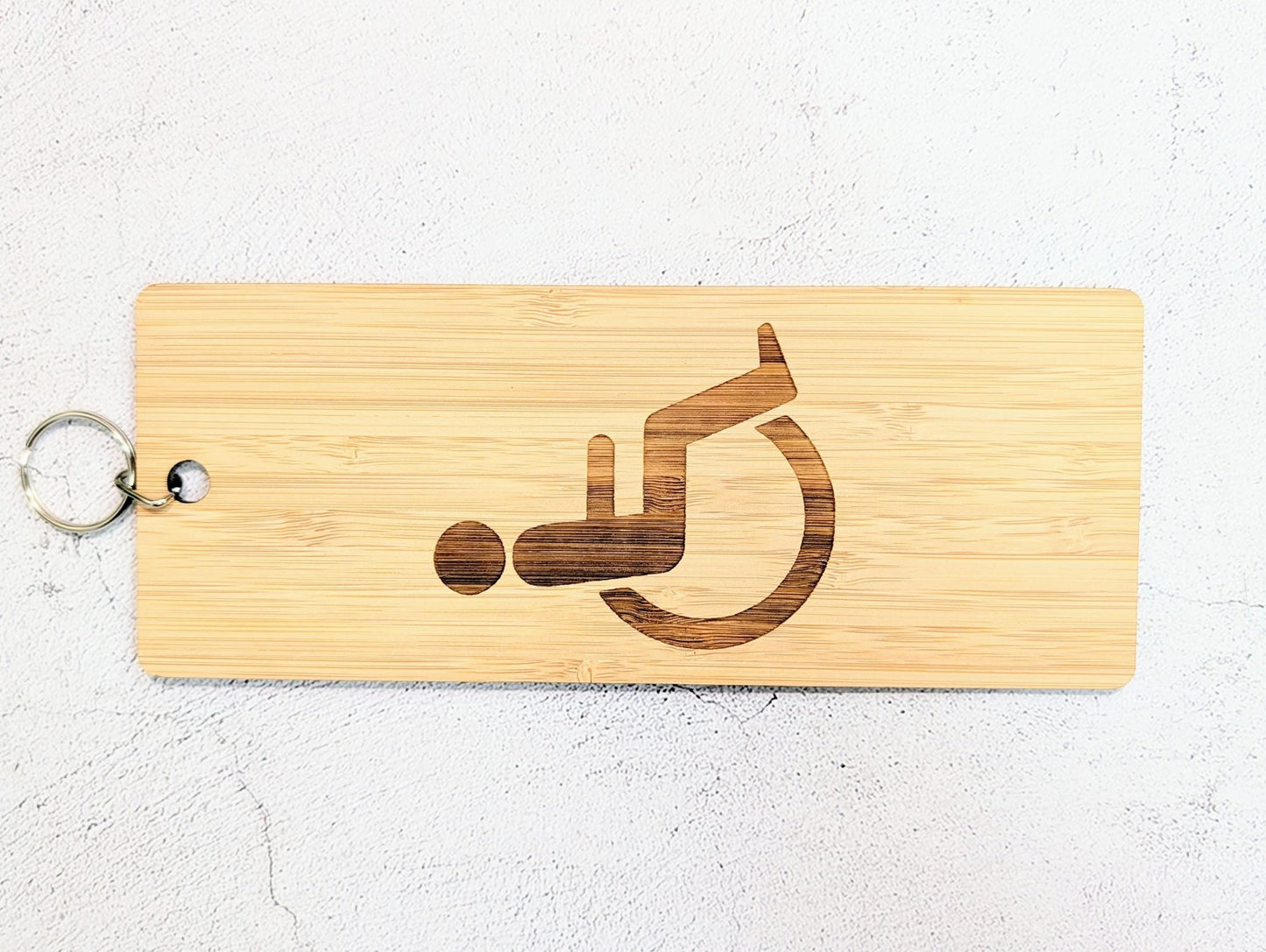 Accessible Bathroom Keyring – Large Bamboo Key Tag, Engraved Wheelchair Symbol, Eco - Friendly Design, Durable and Lightweight, Handmade - CherryGroveCraft