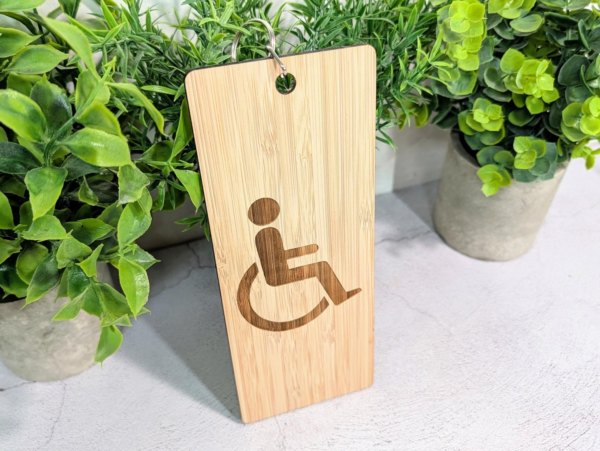 Accessible Bathroom Keyring – Large Bamboo Key Tag, Engraved Wheelchair Symbol, Eco - Friendly Design, Durable and Lightweight, Handmade - CherryGroveCraft