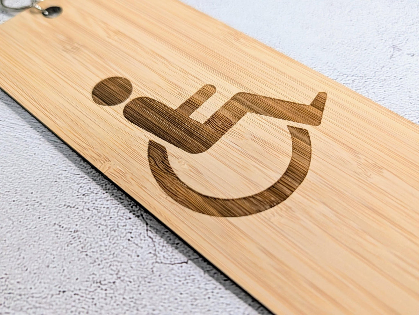 Accessible Bathroom Keyring – Large Bamboo Key Tag, Engraved Wheelchair Symbol, Eco - Friendly Design, Durable and Lightweight, Handmade - CherryGroveCraft