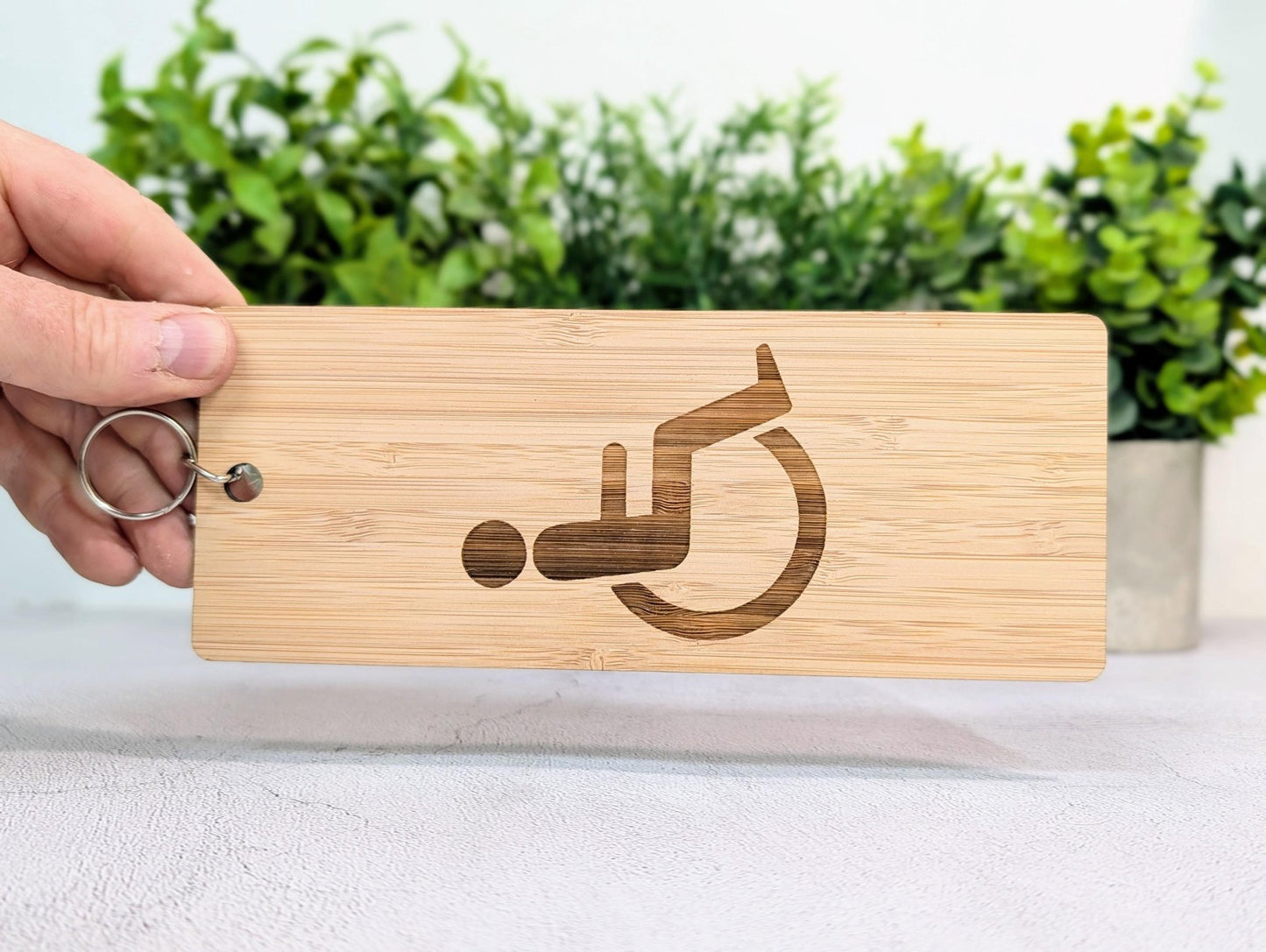 Accessible Bathroom Keyring – Large Bamboo Key Tag, Engraved Wheelchair Symbol, Eco - Friendly Design, Durable and Lightweight, Handmade - CherryGroveCraft