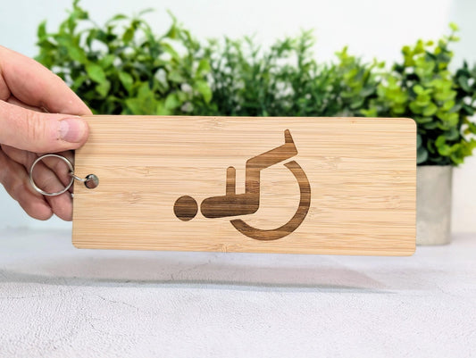 Accessible Bathroom Keyring – Large Bamboo Key Tag, Engraved Wheelchair Symbol, Eco - Friendly Design, Durable and Lightweight, Handmade - CherryGroveCraft