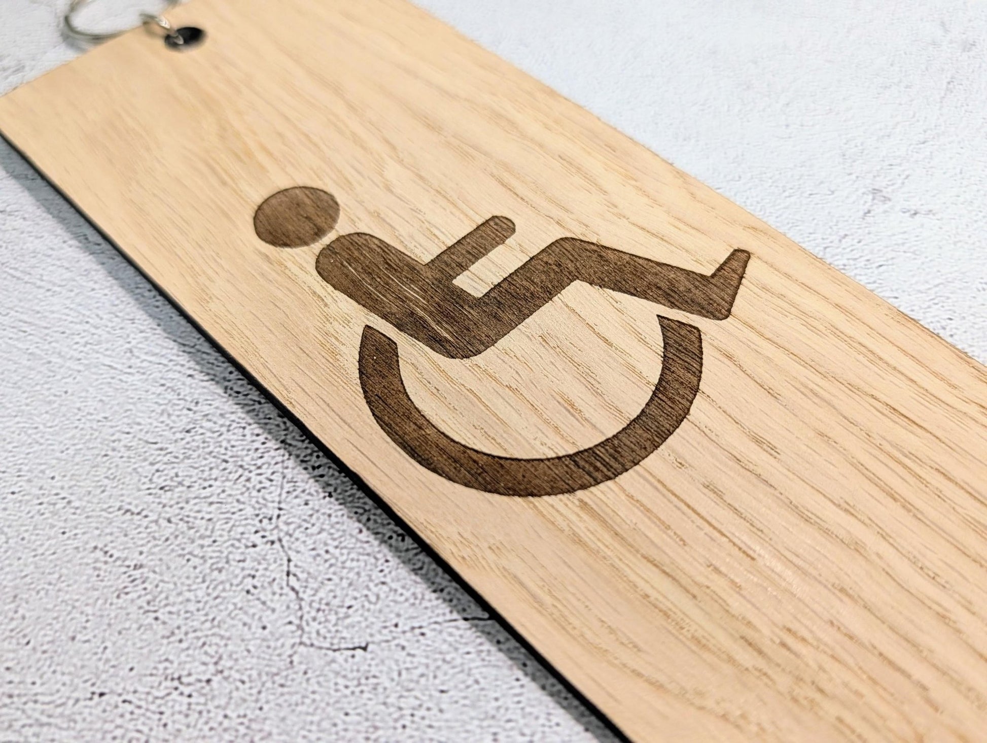 Accessible Bathroom Keyring – Large Wooden Key Tag, Oak Veneer Engraved Wheelchair Symbol, Easy - to - Hold Design, Handmade in Wales - CherryGroveCraft