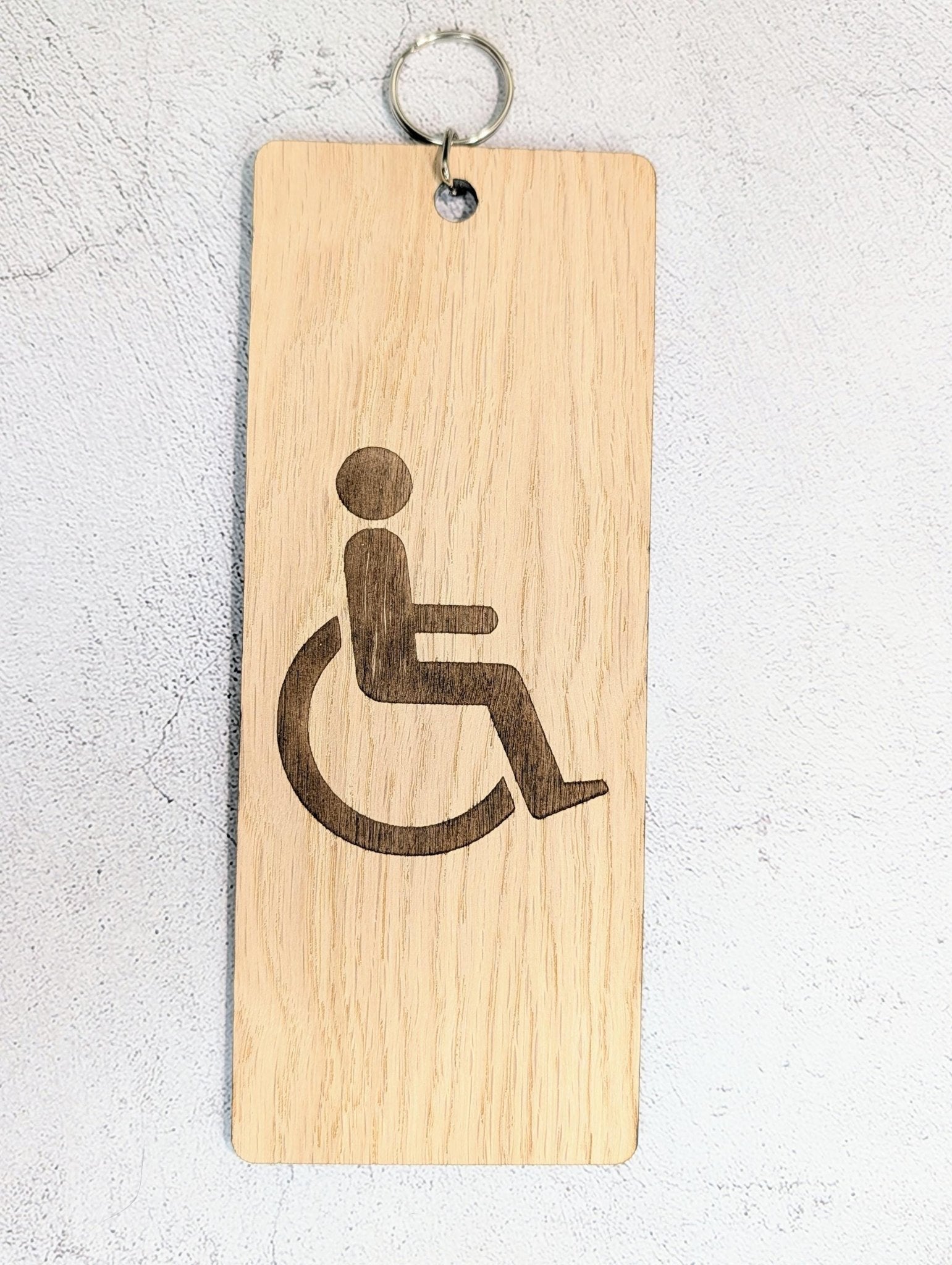 Accessible Bathroom Keyring – Large Wooden Key Tag, Oak Veneer Engraved Wheelchair Symbol, Easy - to - Hold Design, Handmade in Wales - CherryGroveCraft