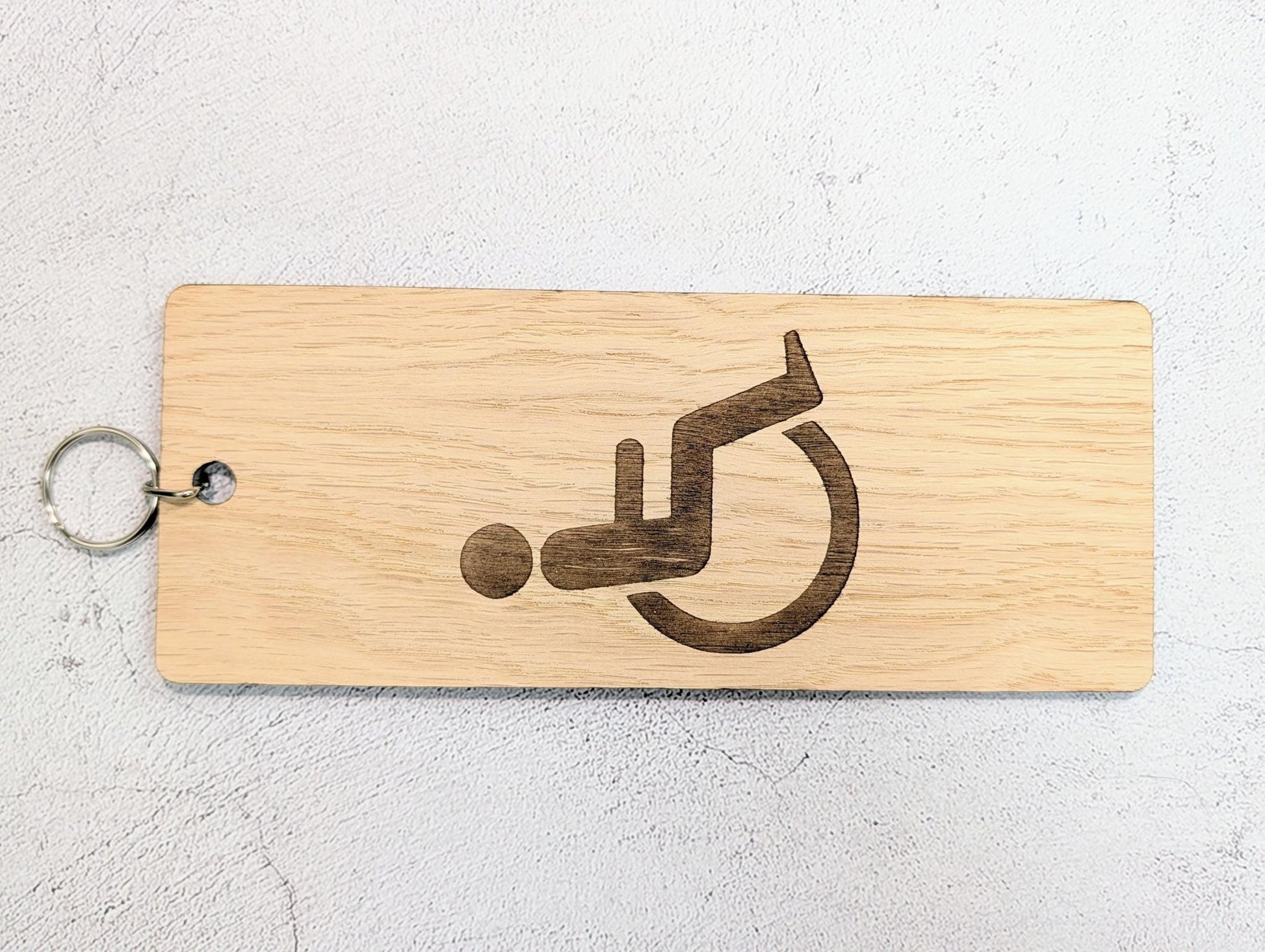 Accessible Bathroom Keyring – Large Wooden Key Tag, Oak Veneer Engraved Wheelchair Symbol, Easy - to - Hold Design, Handmade in Wales - CherryGroveCraft