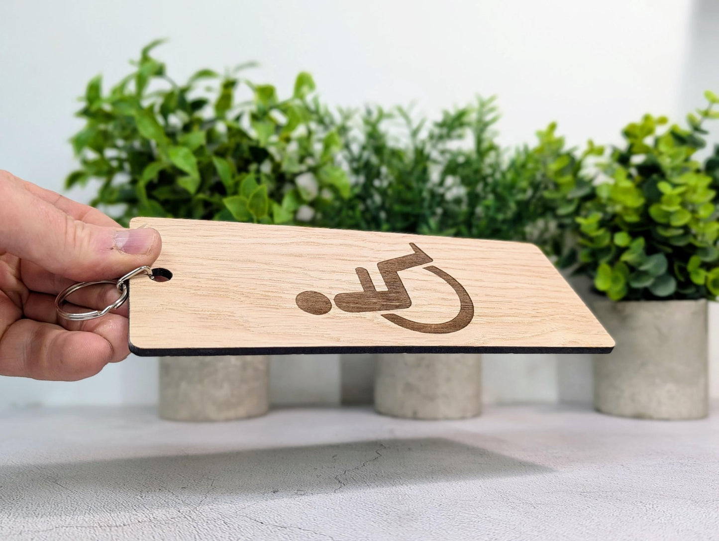 Accessible Bathroom Keyring – Large Wooden Key Tag, Oak Veneer Engraved Wheelchair Symbol, Easy - to - Hold Design, Handmade in Wales - CherryGroveCraft