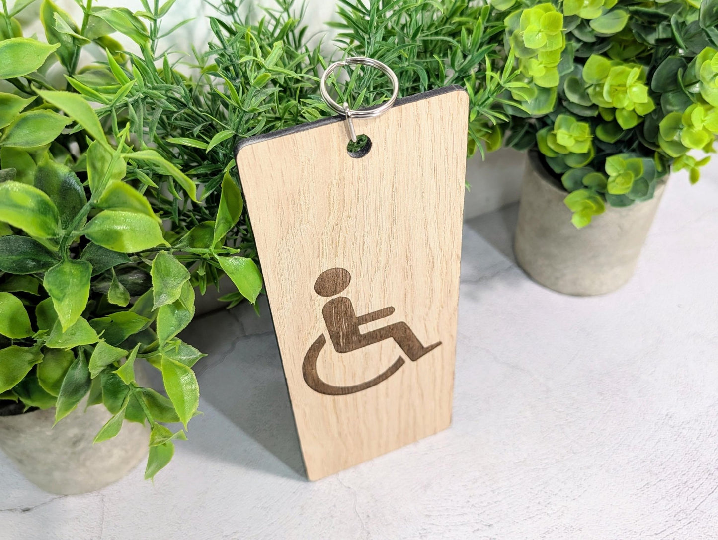 Accessible Bathroom Keyring – Large Wooden Key Tag, Oak Veneer Engraved Wheelchair Symbol, Easy - to - Hold Design, Handmade in Wales - CherryGroveCraft