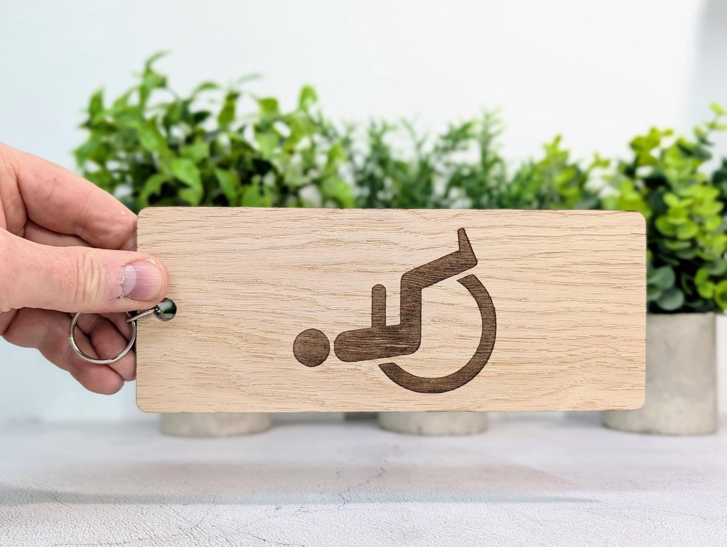 Accessible Bathroom Keyring – Large Wooden Key Tag, Oak Veneer Engraved Wheelchair Symbol, Easy - to - Hold Design, Handmade in Wales - CherryGroveCraft