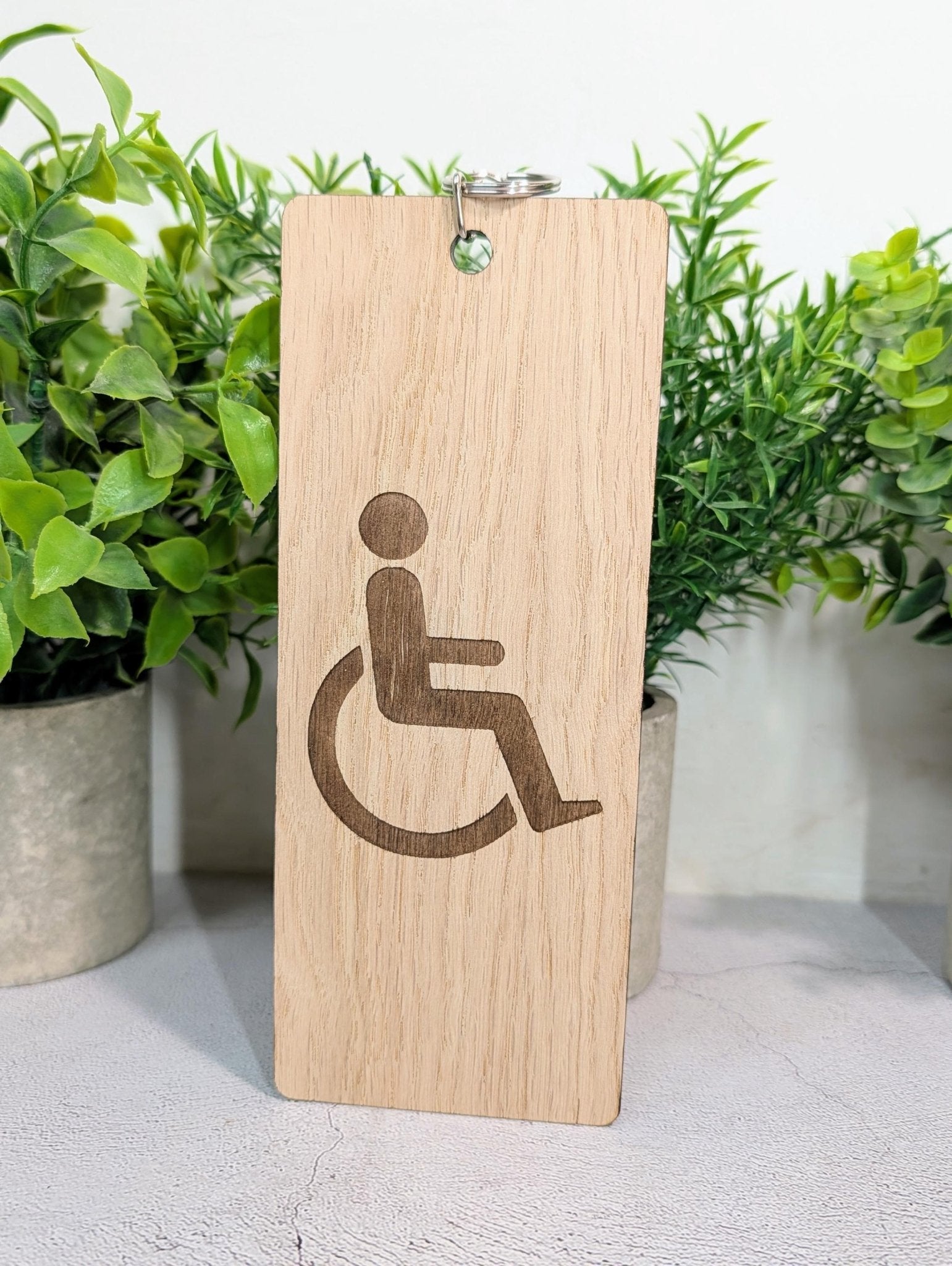 Accessible Bathroom Keyring – Large Wooden Key Tag, Oak Veneer Engraved Wheelchair Symbol, Easy - to - Hold Design, Handmade in Wales - CherryGroveCraft