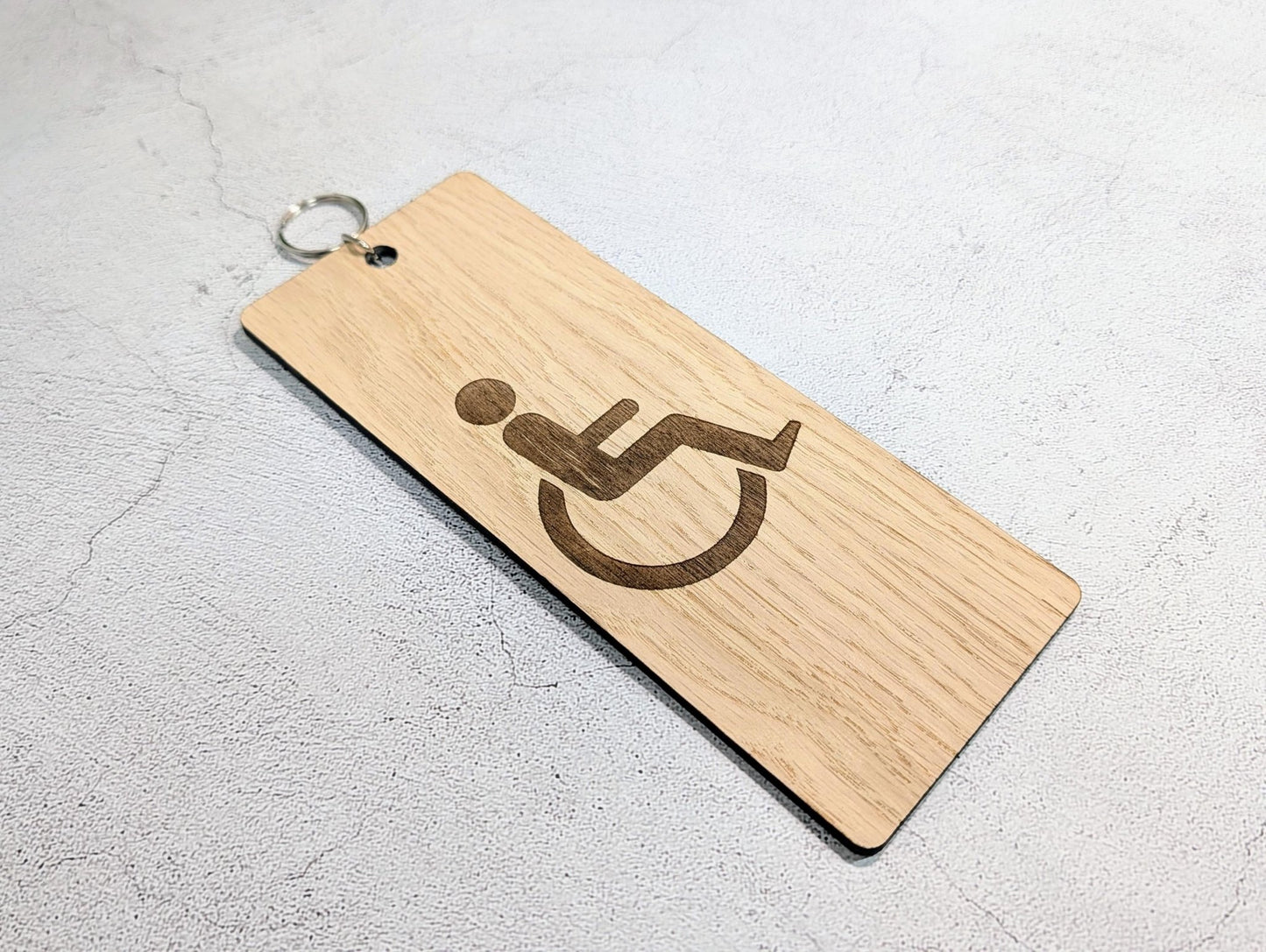 Accessible Bathroom Keyring – Large Wooden Key Tag, Oak Veneer Engraved Wheelchair Symbol, Easy - to - Hold Design, Handmade in Wales - CherryGroveCraft