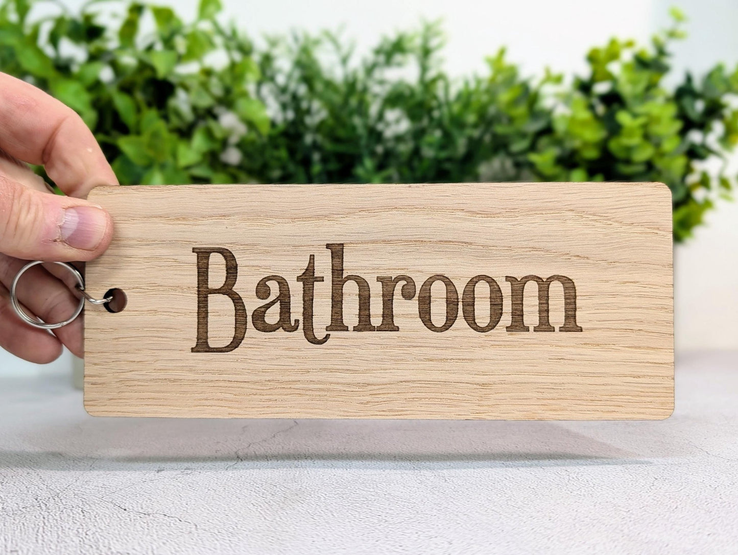 Bathroom Keyring – Extra Large 200×80mm Oak Veneer Wooden Key Tag, Engraved Key Fob for Hotels, Offices & Guest Houses, Handmade in Wales - CherryGroveCraft