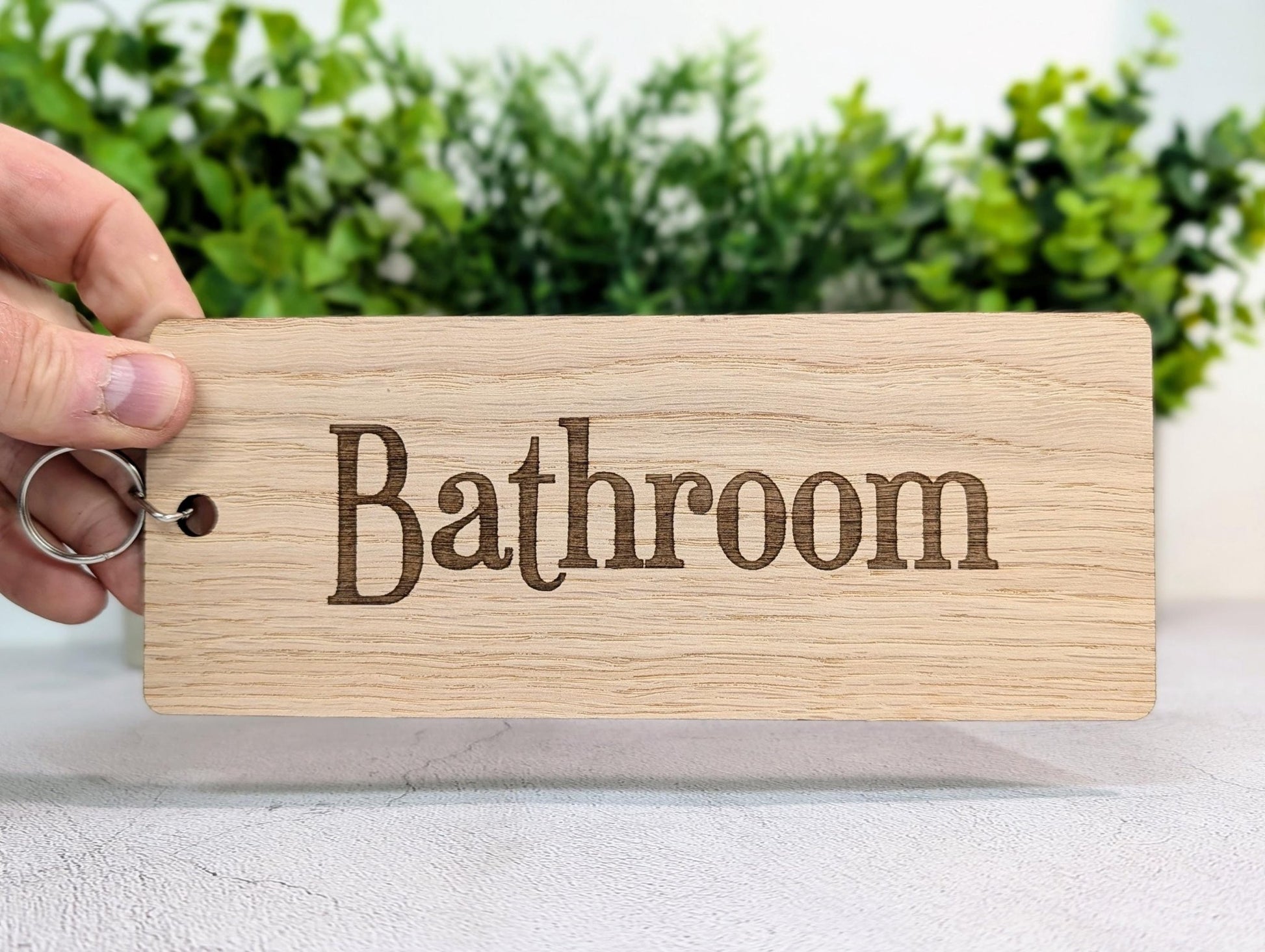 Bathroom Keyring – Extra Large 200×80mm Oak Veneer Wooden Key Tag, Engraved Key Fob for Hotels, Offices & Guest Houses, Handmade in Wales - CherryGroveCraft