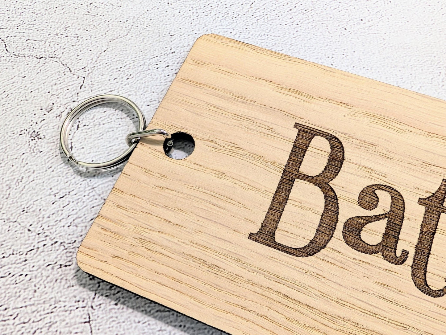 Bathroom Keyring – Extra Large 200×80mm Oak Veneer Wooden Key Tag, Engraved Key Fob for Hotels, Offices & Guest Houses, Handmade in Wales - CherryGroveCraft