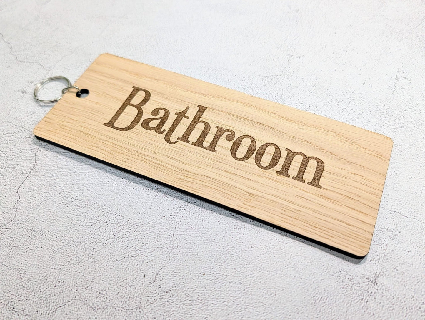 Bathroom Keyring – Extra Large 200×80mm Oak Veneer Wooden Key Tag, Engraved Key Fob for Hotels, Offices & Guest Houses, Handmade in Wales - CherryGroveCraft