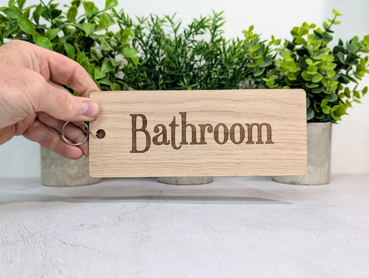 Bathroom Keyring – Extra Large 200×80mm Oak Veneer Wooden Key Tag, Engraved Key Fob for Hotels, Offices & Guest Houses, Handmade in Wales - CherryGroveCraft