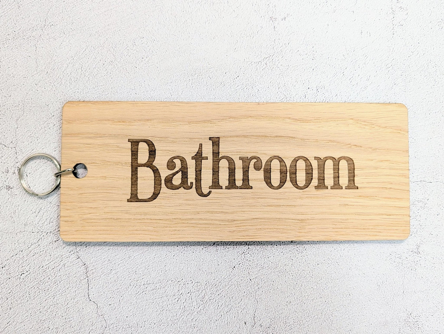 Bathroom Keyring – Extra Large 200×80mm Oak Veneer Wooden Key Tag, Engraved Key Fob for Hotels, Offices & Guest Houses, Handmade in Wales - CherryGroveCraft