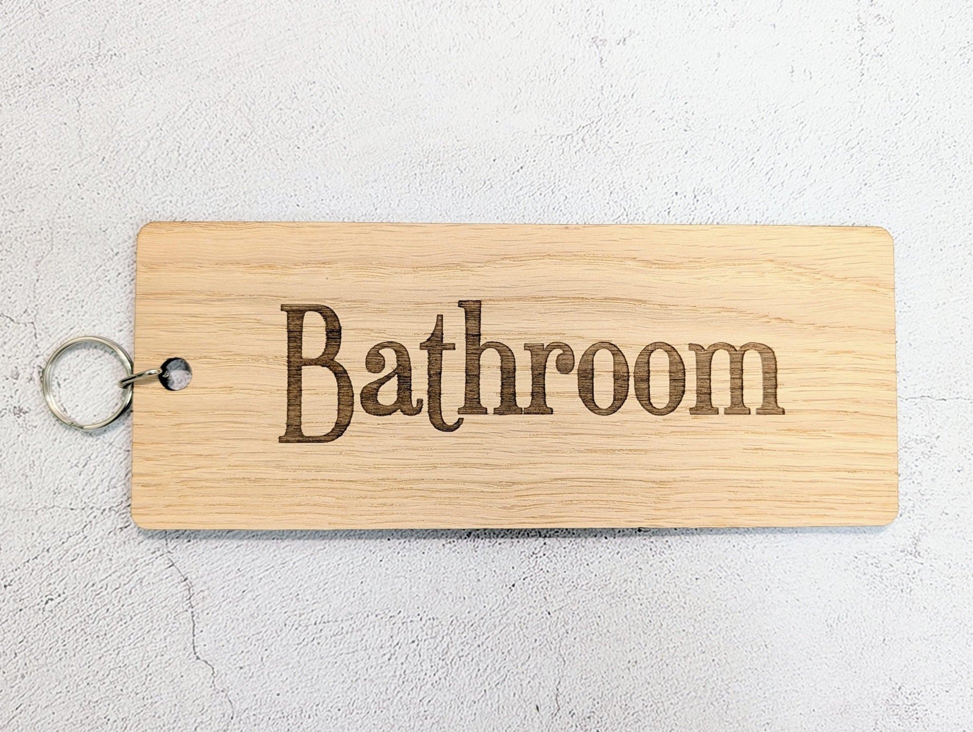 Bathroom Keyring – Extra Large 200×80mm Oak Veneer Wooden Key Tag, Engraved Key Fob for Hotels, Offices & Guest Houses, Handmade in Wales - CherryGroveCraft
