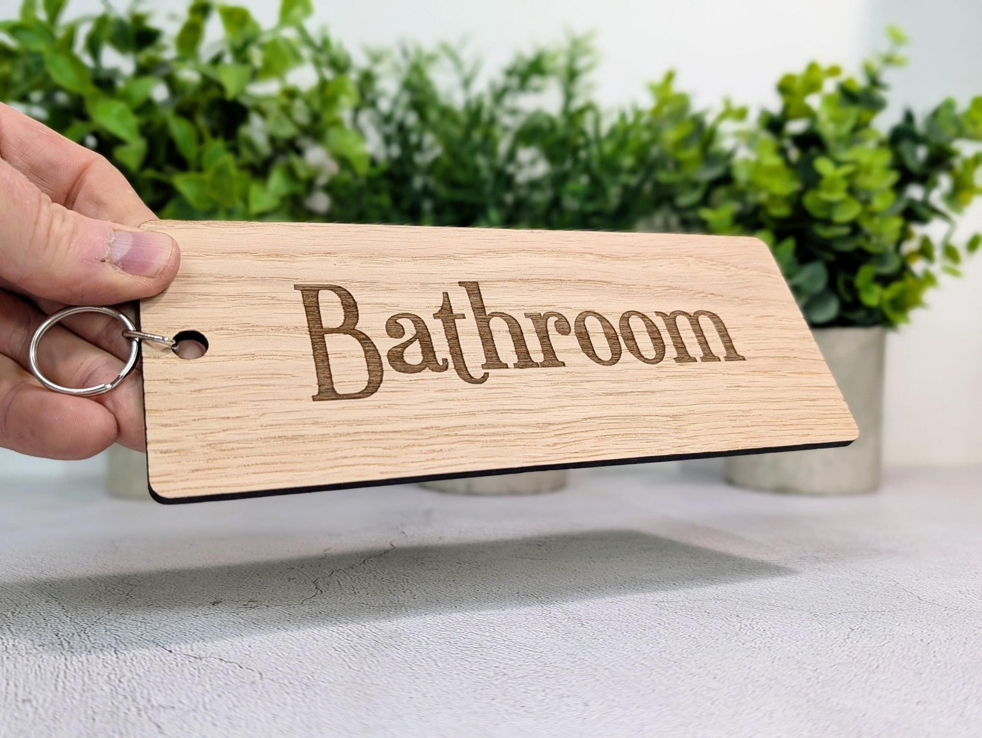 Bathroom Keyring – Extra Large 200×80mm Oak Veneer Wooden Key Tag, Engraved Key Fob for Hotels, Offices & Guest Houses, Handmade in Wales - CherryGroveCraft