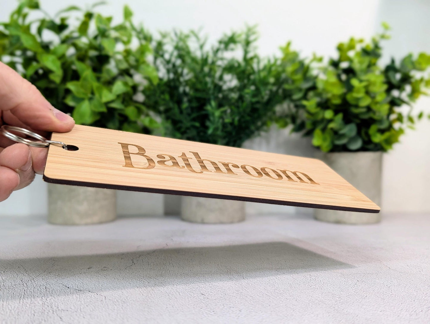 Bathroom Keyring – Extra Large Bamboo Key Tag, Eco Friendly Wooden Key Fob, Engraved Key Ring for Hotels, Offices or Guest Houses - CherryGroveCraft