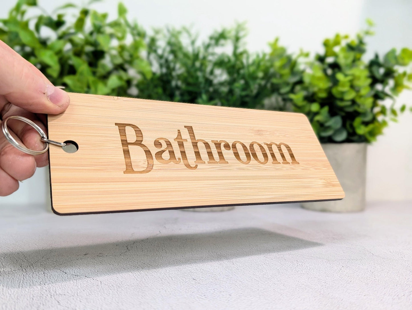 Bathroom Keyring – Extra Large Bamboo Key Tag, Eco Friendly Wooden Key Fob, Engraved Key Ring for Hotels, Offices or Guest Houses - CherryGroveCraft