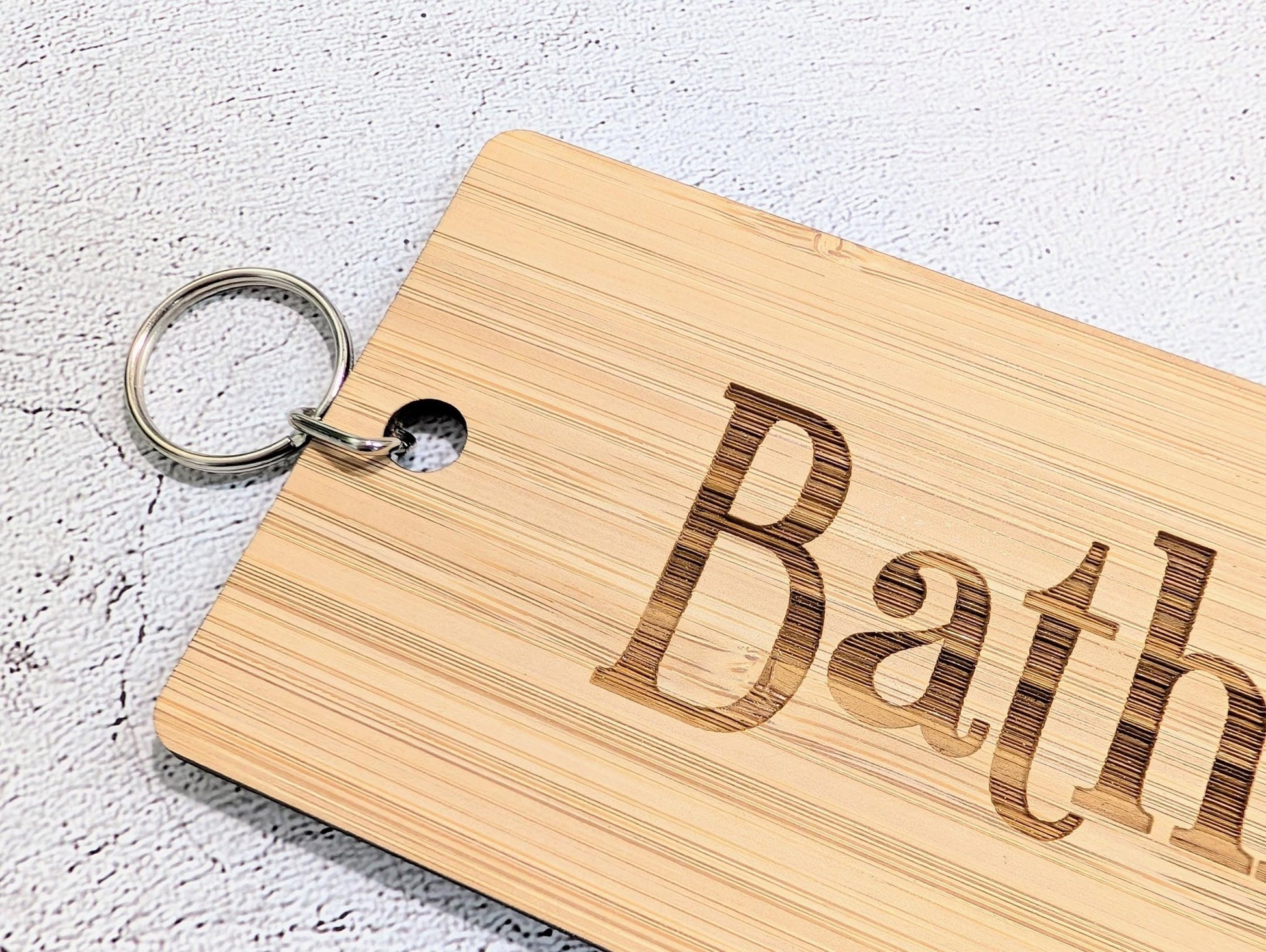 Bathroom Keyring – Extra Large Bamboo Key Tag, Eco Friendly Wooden Key Fob, Engraved Key Ring for Hotels, Offices or Guest Houses - CherryGroveCraft