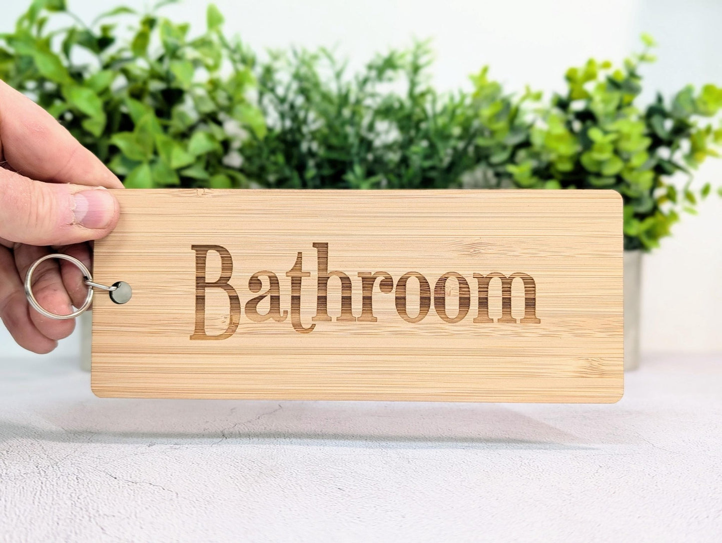 Bathroom Keyring – Extra Large Bamboo Key Tag, Eco Friendly Wooden Key Fob, Engraved Key Ring for Hotels, Offices or Guest Houses - CherryGroveCraft