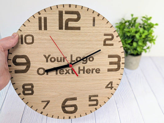 Bespoke Engraved Wooden Clock - Personalised Text & Logo - Personalised Branded Wall Clock - CherryGroveCraft