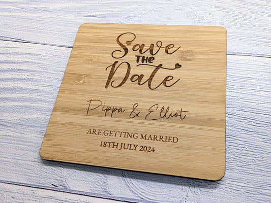 Bespoke 'Save The Date' Bamboo Coasters - Custom with Names & Date - CherryGroveCraft
