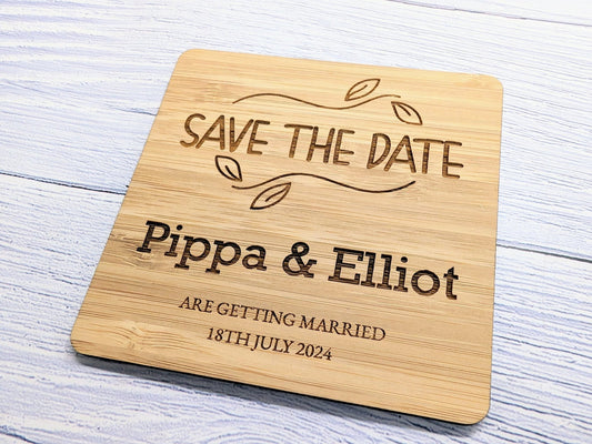 Bespoke 'Save The Date' Bamboo Coasters - Customised with Names & Date - CherryGroveCraft