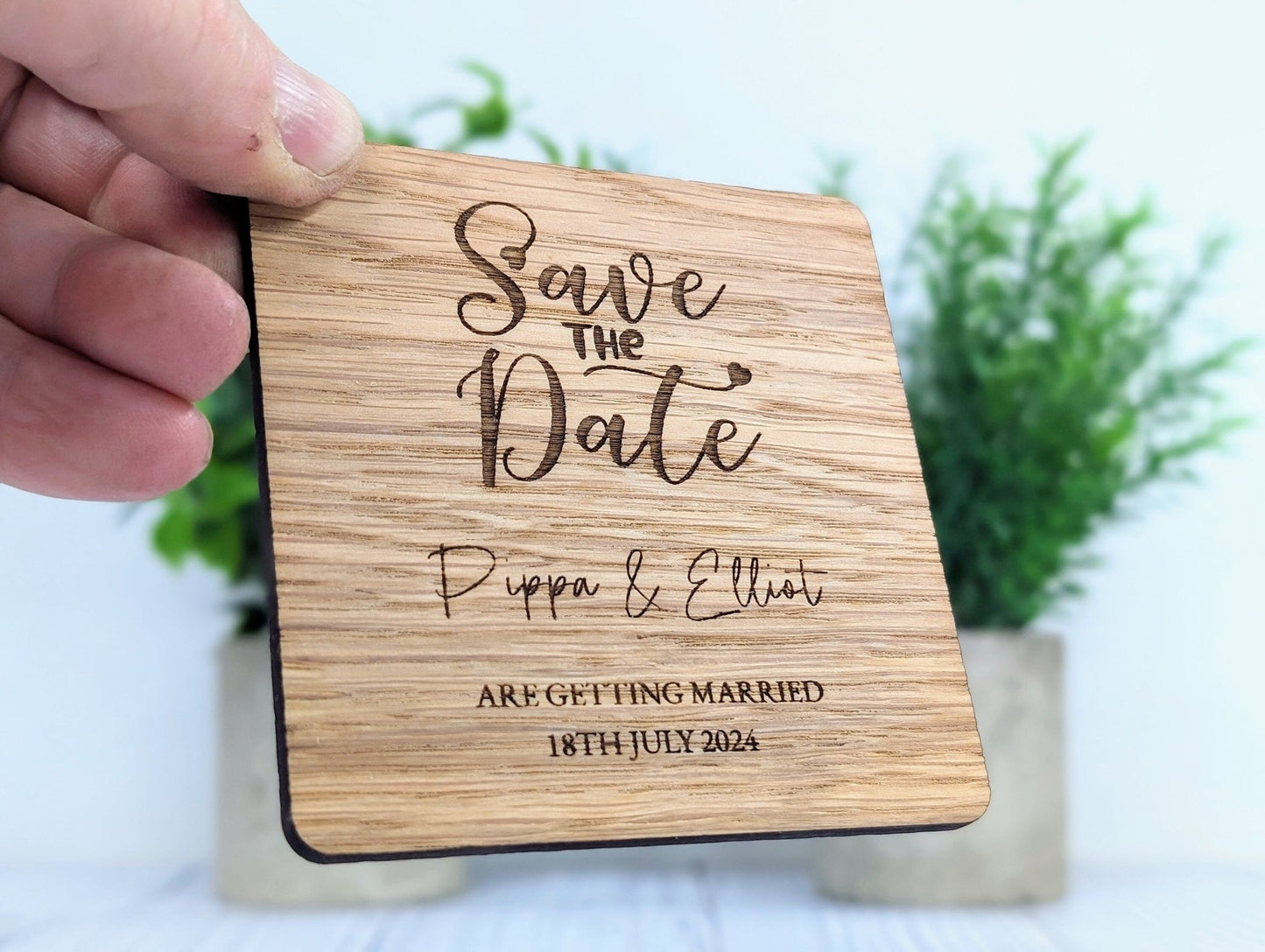 Bespoke 'Save The Date' Oak Veneered Coasters - Custom with Names & Date, 90mm x 90mm, Unique Personalised Wooden Wedding Favours - CherryGroveCraft