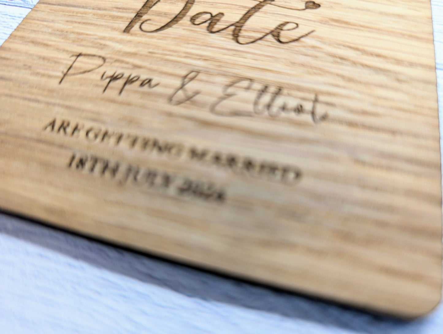 Bespoke 'Save The Date' Oak Veneered Coasters - Custom with Names & Date, 90mm x 90mm, Unique Personalised Wooden Wedding Favours - CherryGroveCraft