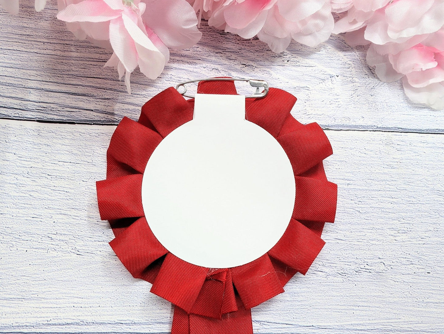 Best Dad rosette — personalised oak disc, pin on reverse, 90mm ribbon