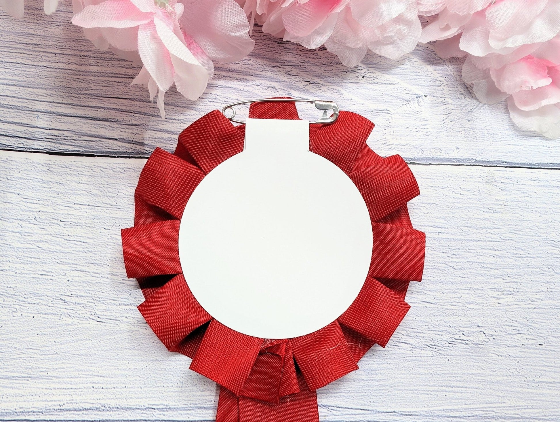 Best Dad rosette — personalised oak disc, pin on reverse, 90mm ribbon
