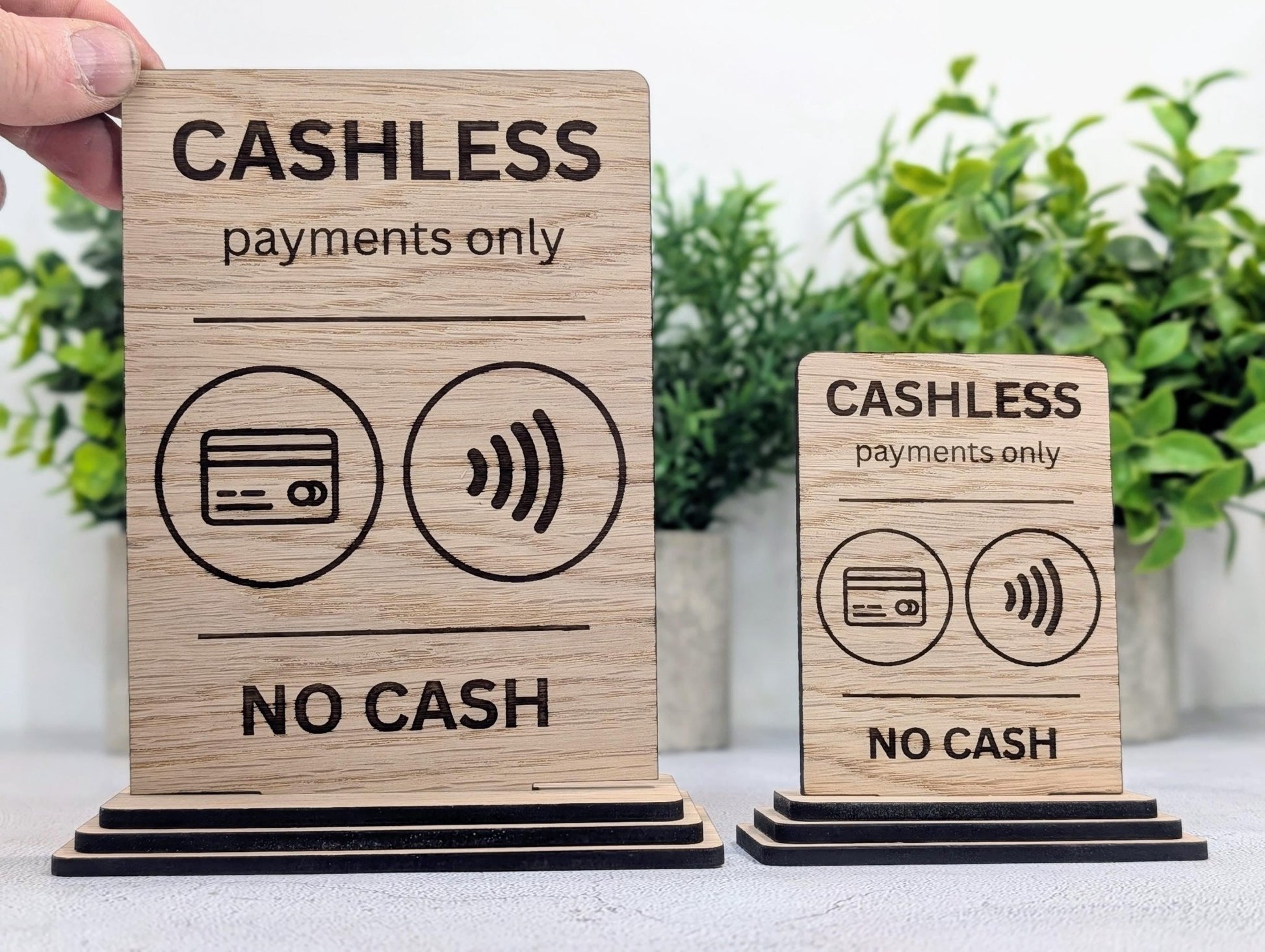 Cashless payments only sign — oak freestanding counter sign, standard size, café till point