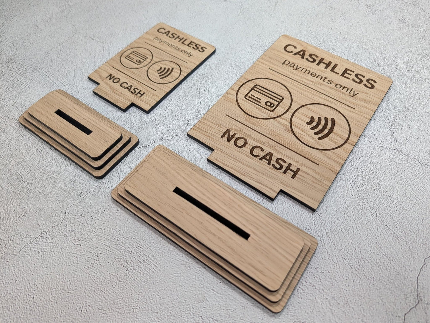 Cashless Payments Only Sign | Oak Freestanding | 2 Sizes