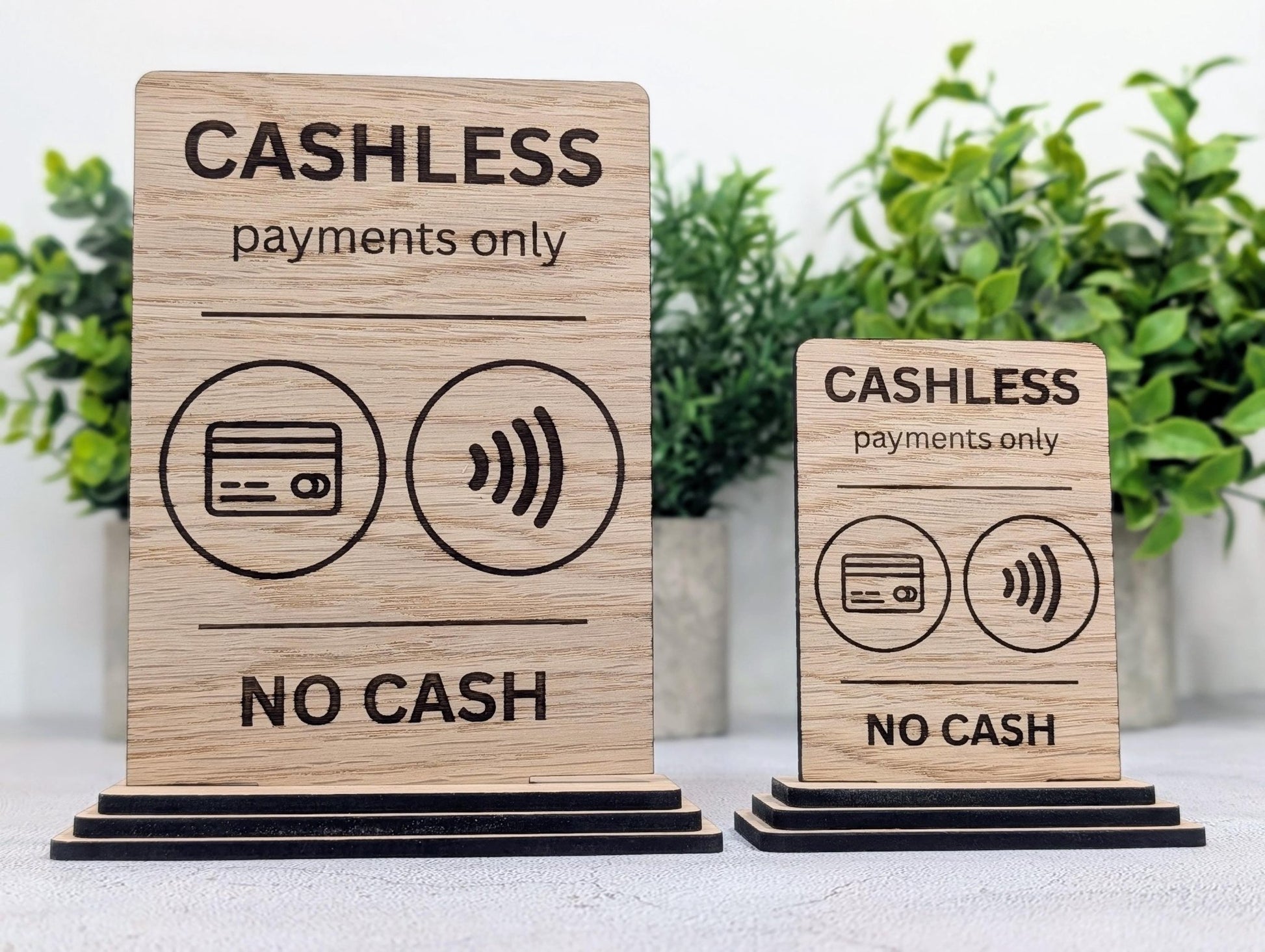Cashless sign on counter — three-layer oak veneer base, freestanding, no fixings required
