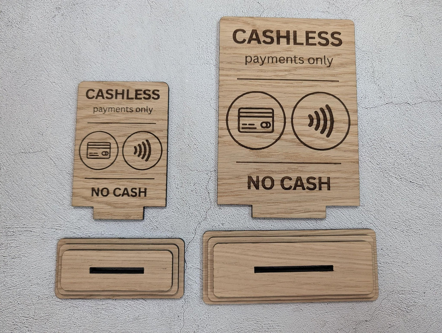Cashless Payments Only Sign | Oak Freestanding | 2 Sizes
