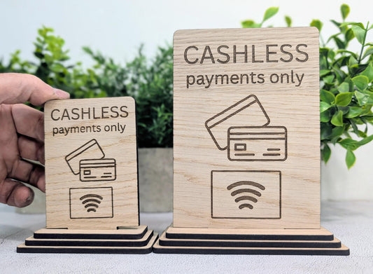 Cashless payments sign large size with framed icon design, double sided, oak veneered MDF