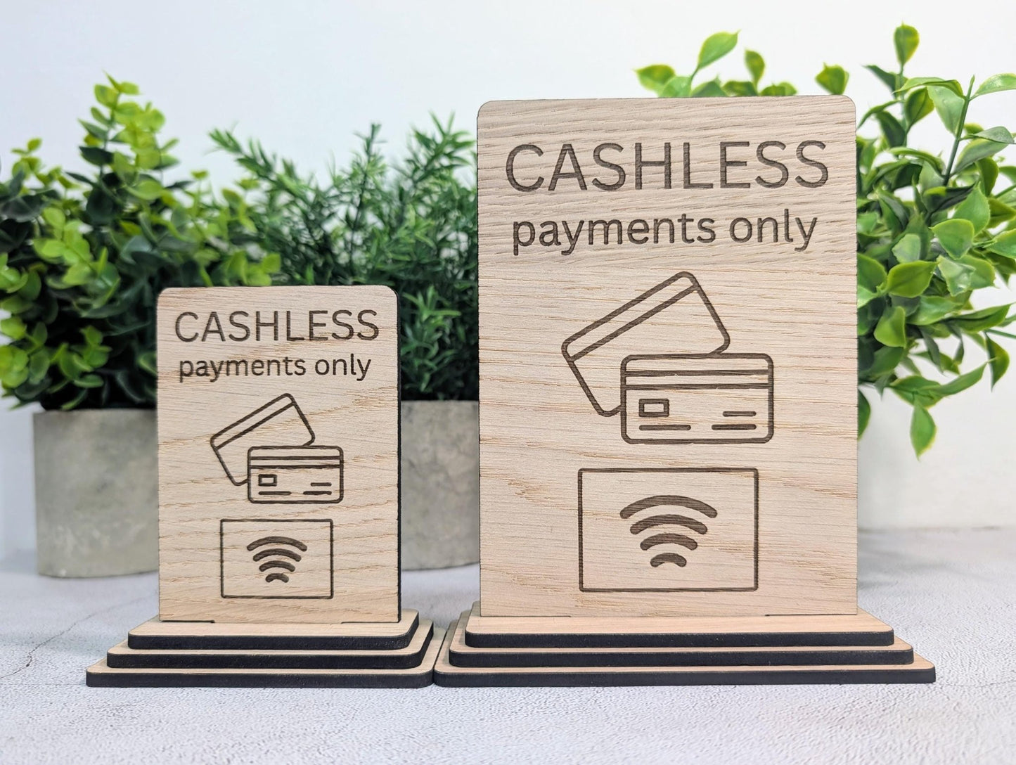 Cashless payments sign with bordered icon design, standard size, single sided