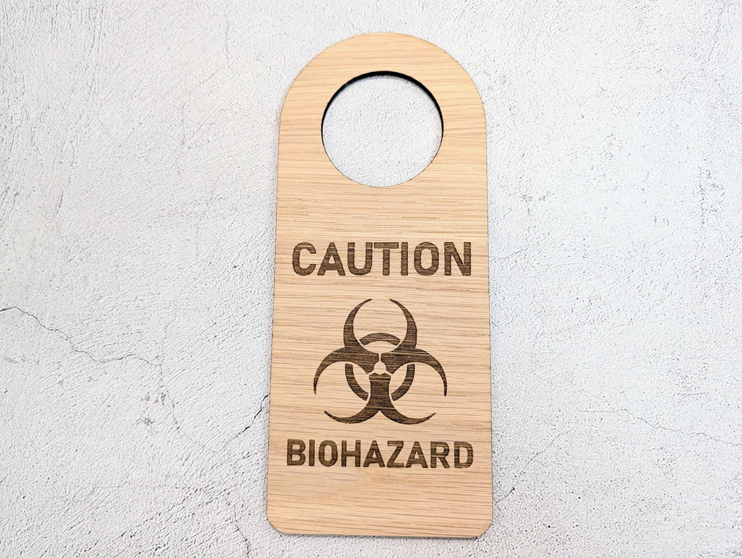 Caution Biohazard Door Hanger – Large Oak Veneered Safety Sign with Symbol, Hospital Lab Clinic Use, Handmade in Wales - CherryGroveCraft