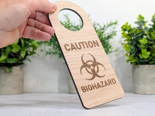 Caution Biohazard Door Hanger – Large Oak Veneered Safety Sign with Symbol, Hospital Lab Clinic Use, Handmade in Wales - CherryGroveCraft