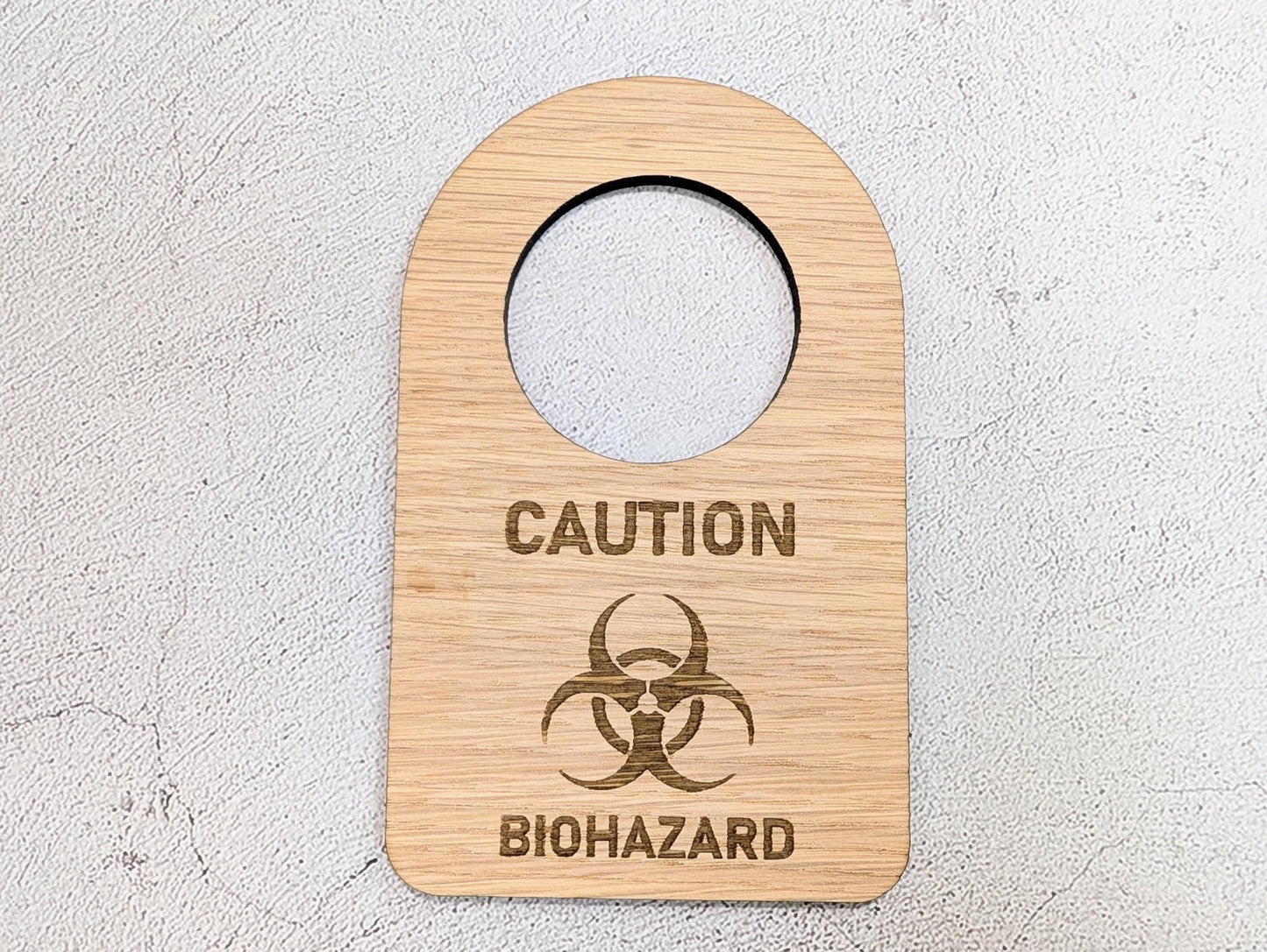 Caution Biohazard Door Hanger – Oak Veneered Sign with Symbol, Indoor Use Only, Plastic - Free Packaging, Handmade from Wood - CherryGroveCraft