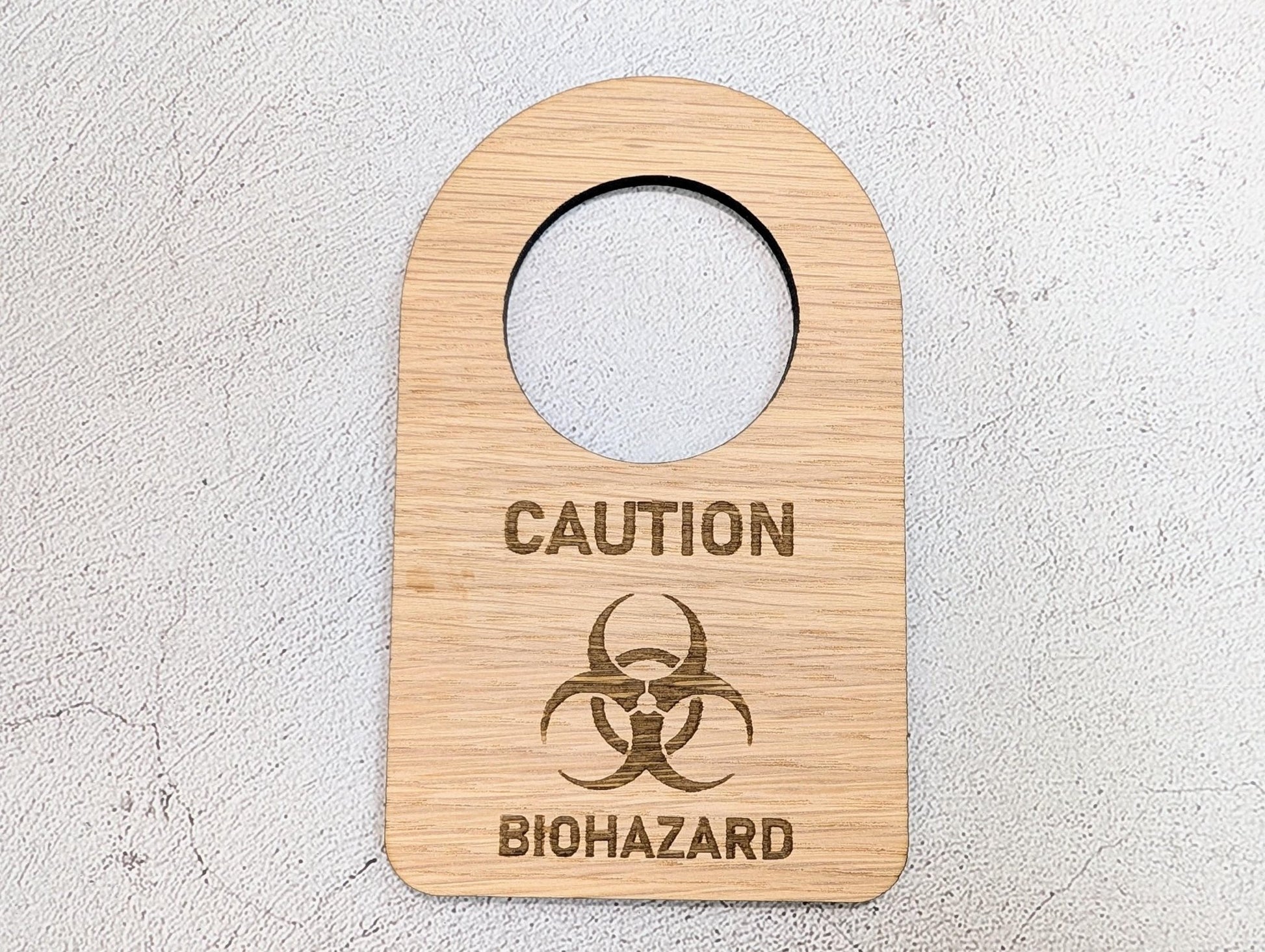 Caution Biohazard Door Hanger – Oak Veneered Sign with Symbol, Indoor Use Only, Plastic - Free Packaging, Handmade from Wood - CherryGroveCraft