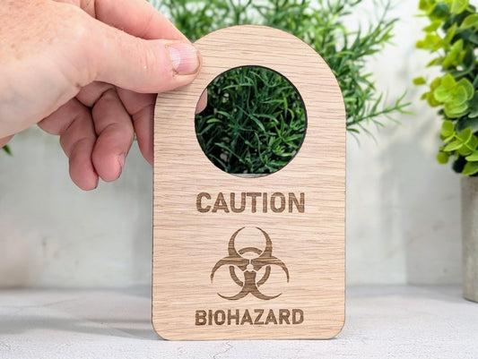 Caution Biohazard Door Hanger – Oak Veneered Sign with Symbol, Indoor Use Only, Plastic - Free Packaging, Handmade from Wood - CherryGroveCraft