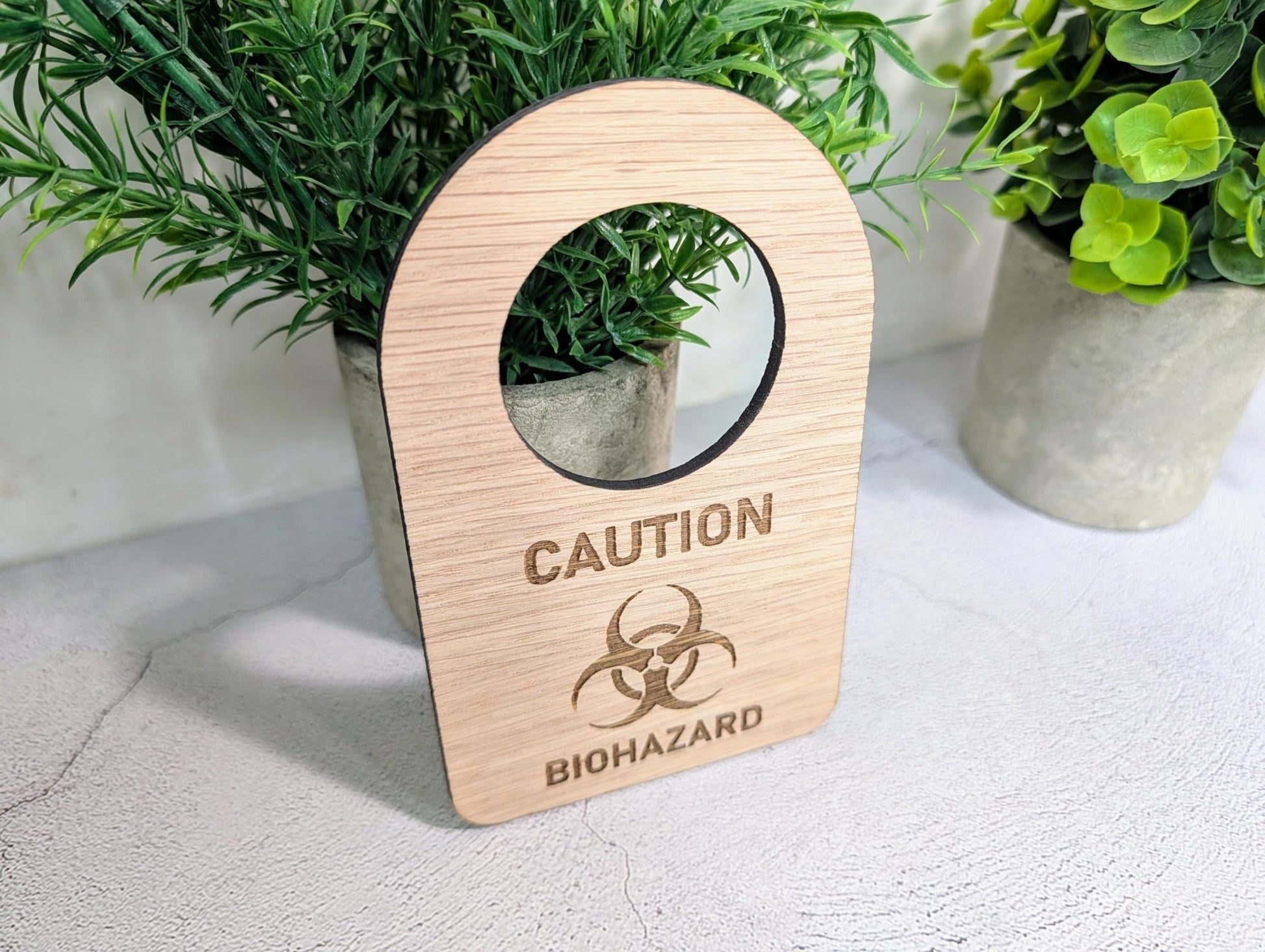 Caution Biohazard Door Hanger – Oak Veneered Sign with Symbol, Indoor Use Only, Plastic - Free Packaging, Handmade from Wood - CherryGroveCraft