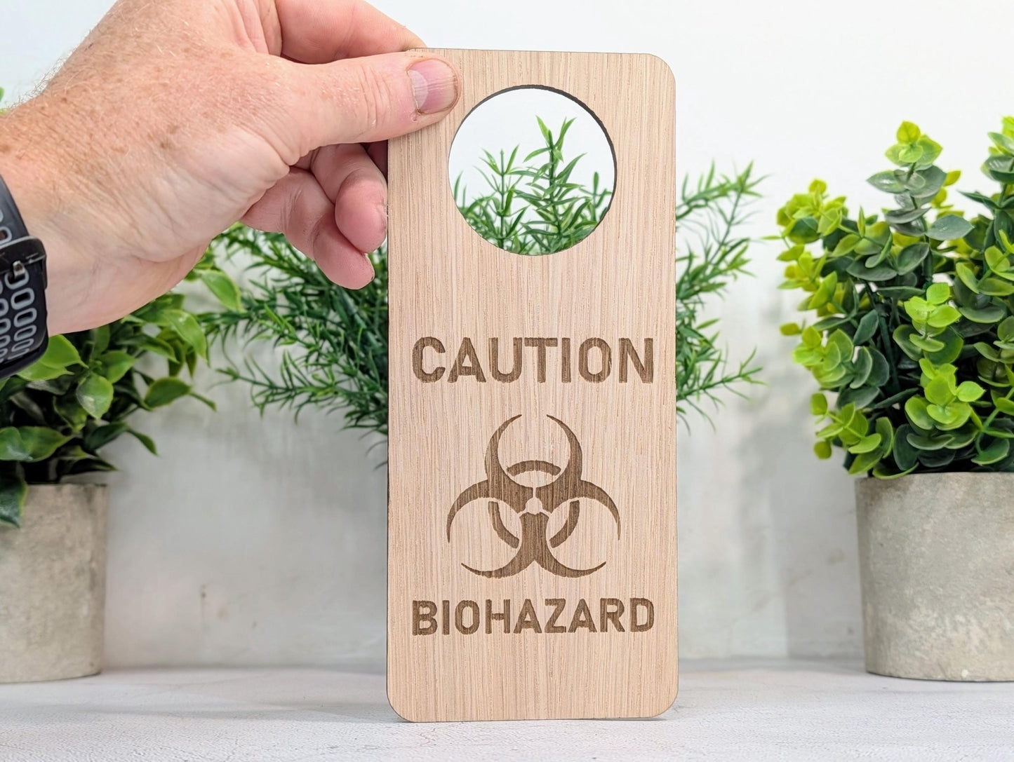 Caution Biohazard Door Hanger – Tall Oak Veneered Safety Sign, Wooden Single Sided, Handmade in Wales, Eco Packaging - CherryGroveCraft
