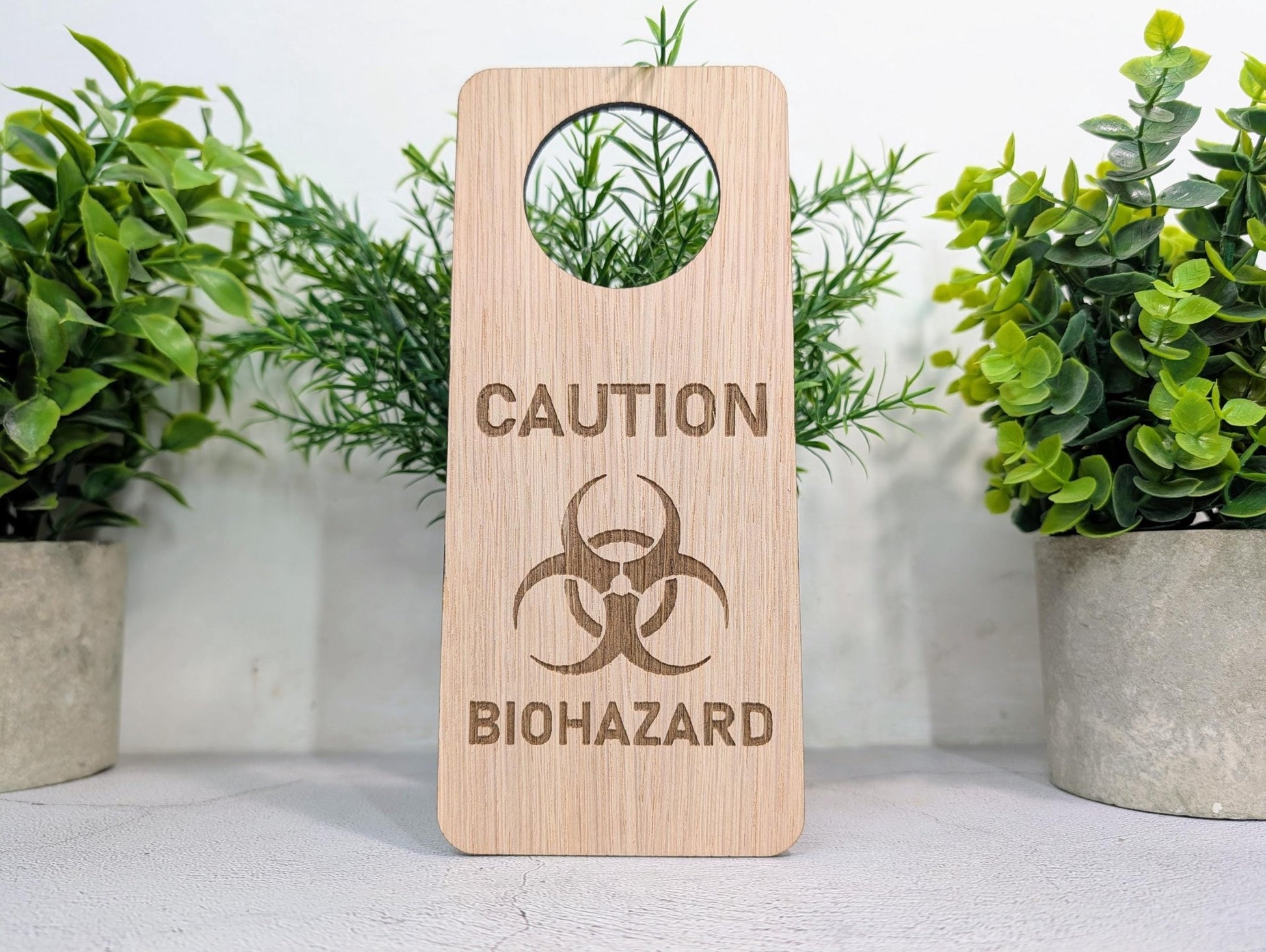 Caution Biohazard Door Hanger – Tall Oak Veneered Safety Sign, Wooden Single Sided, Handmade in Wales, Eco Packaging - CherryGroveCraft