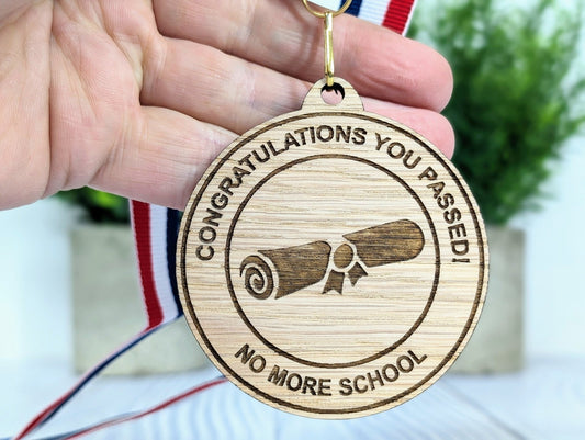 Congratulations You Passed - No More School Wooden Medal | Fun Graduation Gift | Eco-Friendly | Personalised Keepsake for Students - CherryGroveCraft