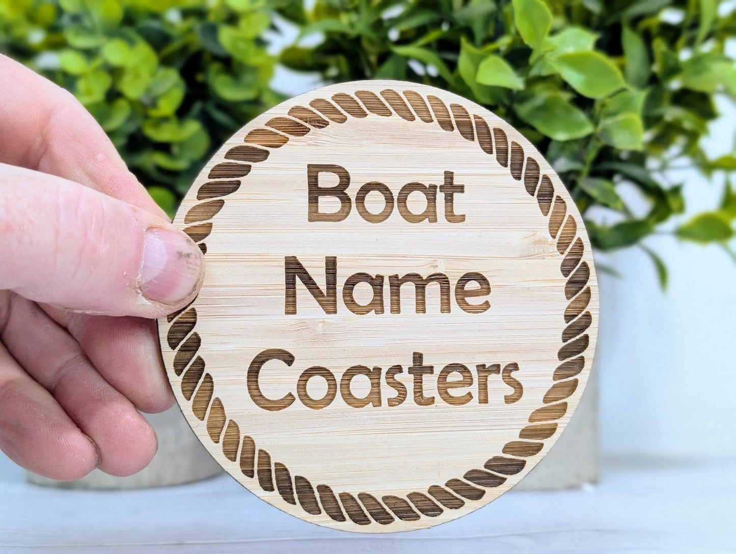 Custom Bamboo Coasters with Rope Border – Personalised Boat Name, Nautical Gift, Eco - Friendly Gift, Sustainable Craft, Round 100mm Diameter - CherryGroveCraft